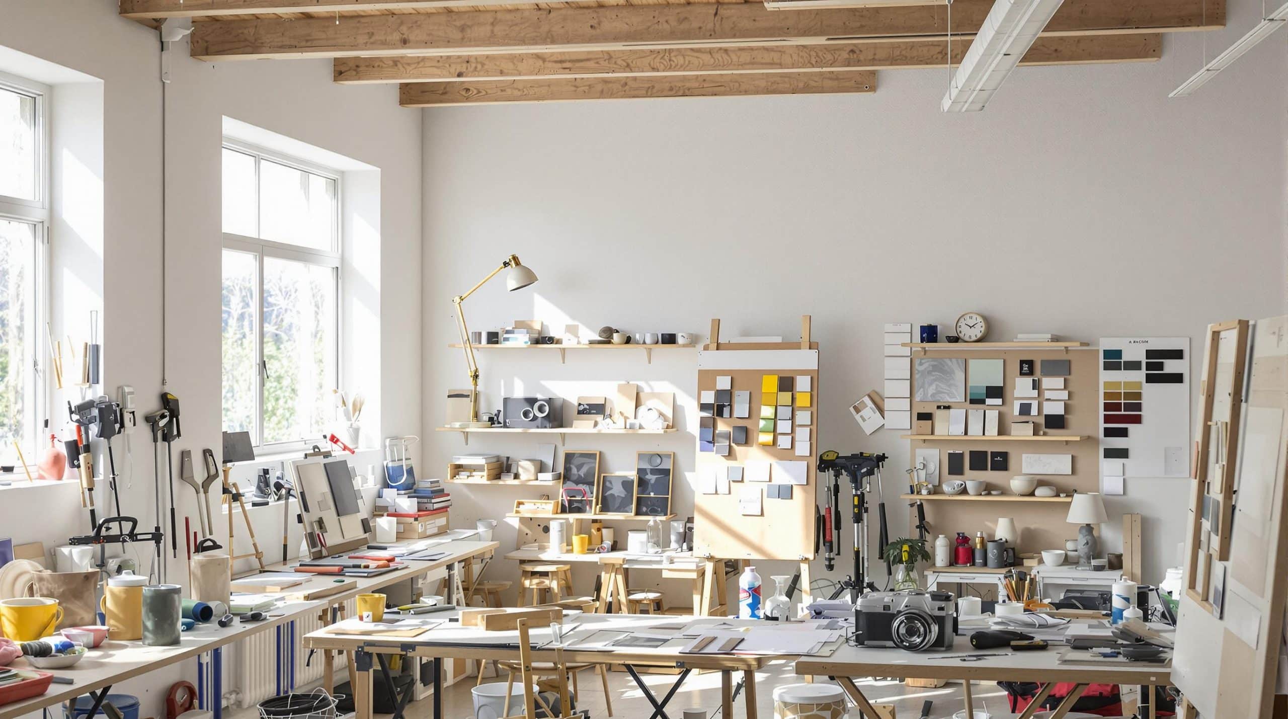 Bright and spacious artist's studio with worktables and shelves.