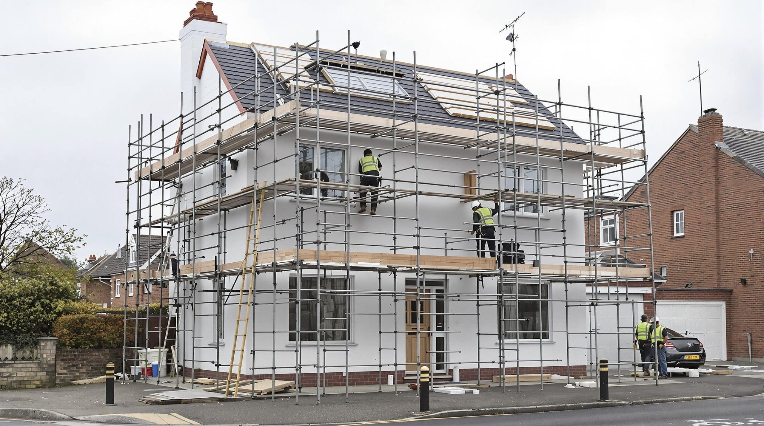 House under construction with scaffolding.