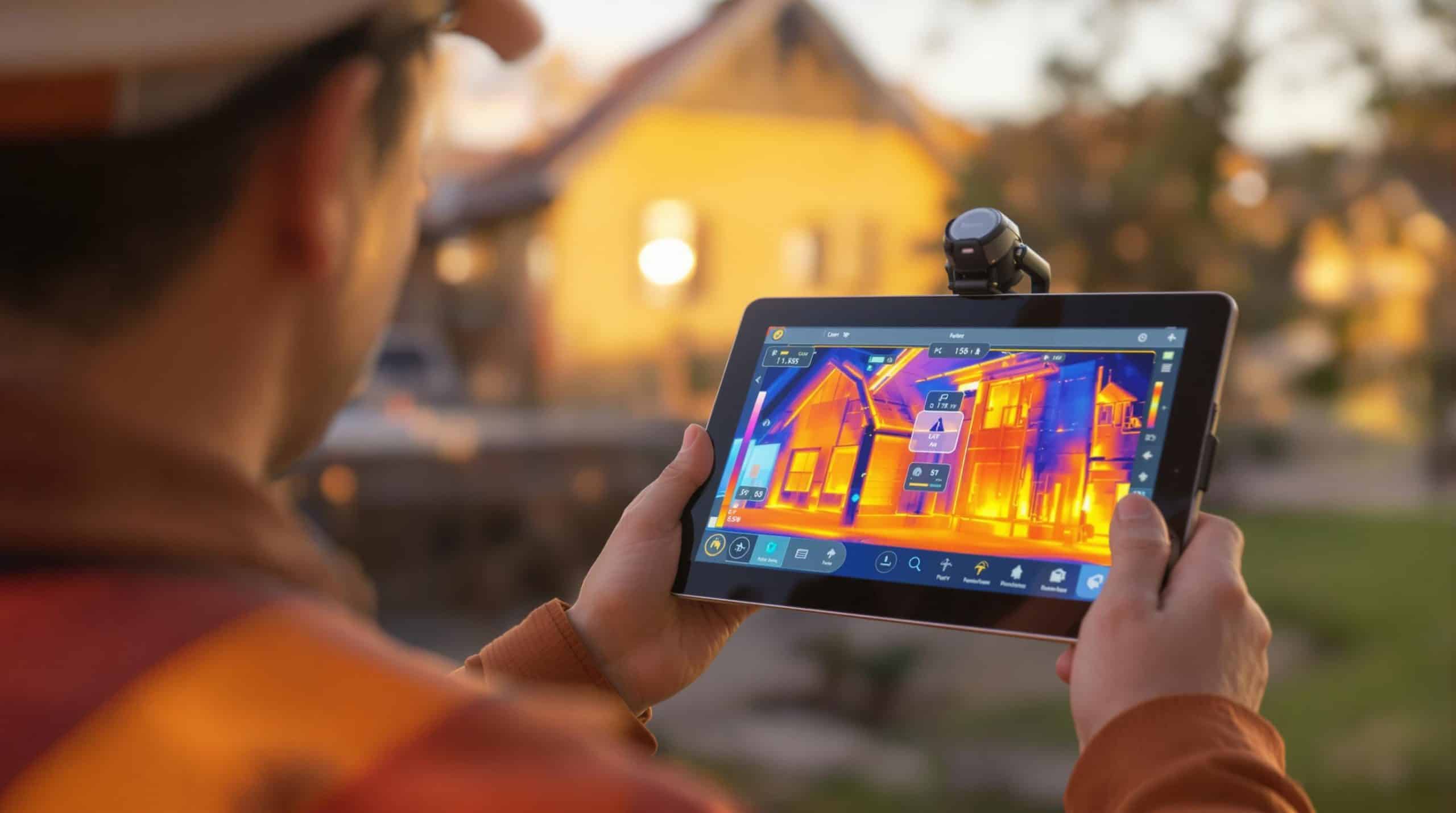 Thermal imaging of a house on a tablet.