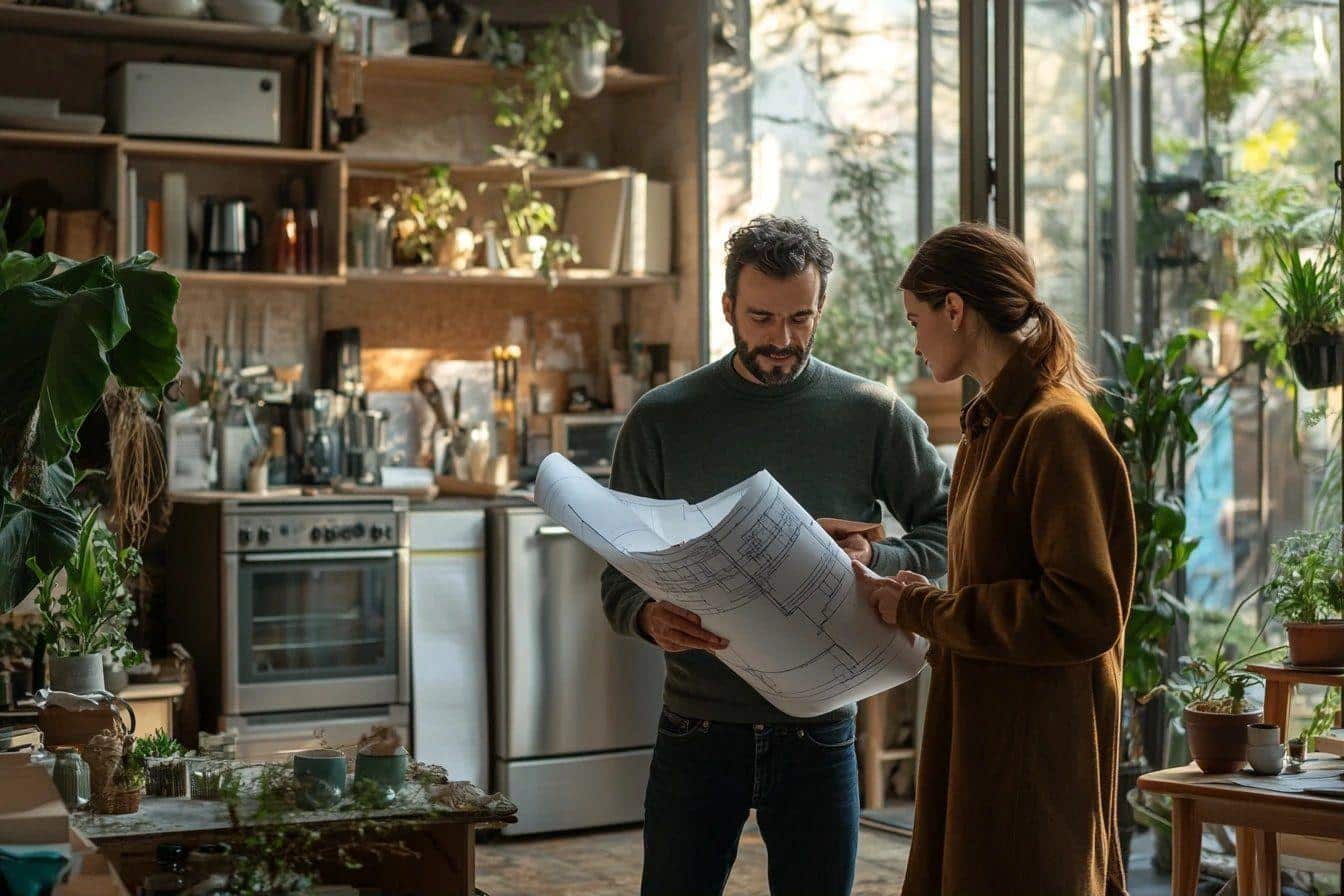 Deux personnes examinent des plans architecturaux dans un intérieur végétal