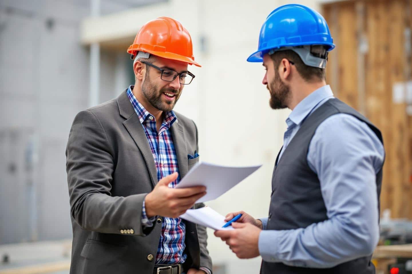 Deux ingénieurs en casques discutent de plans de construction