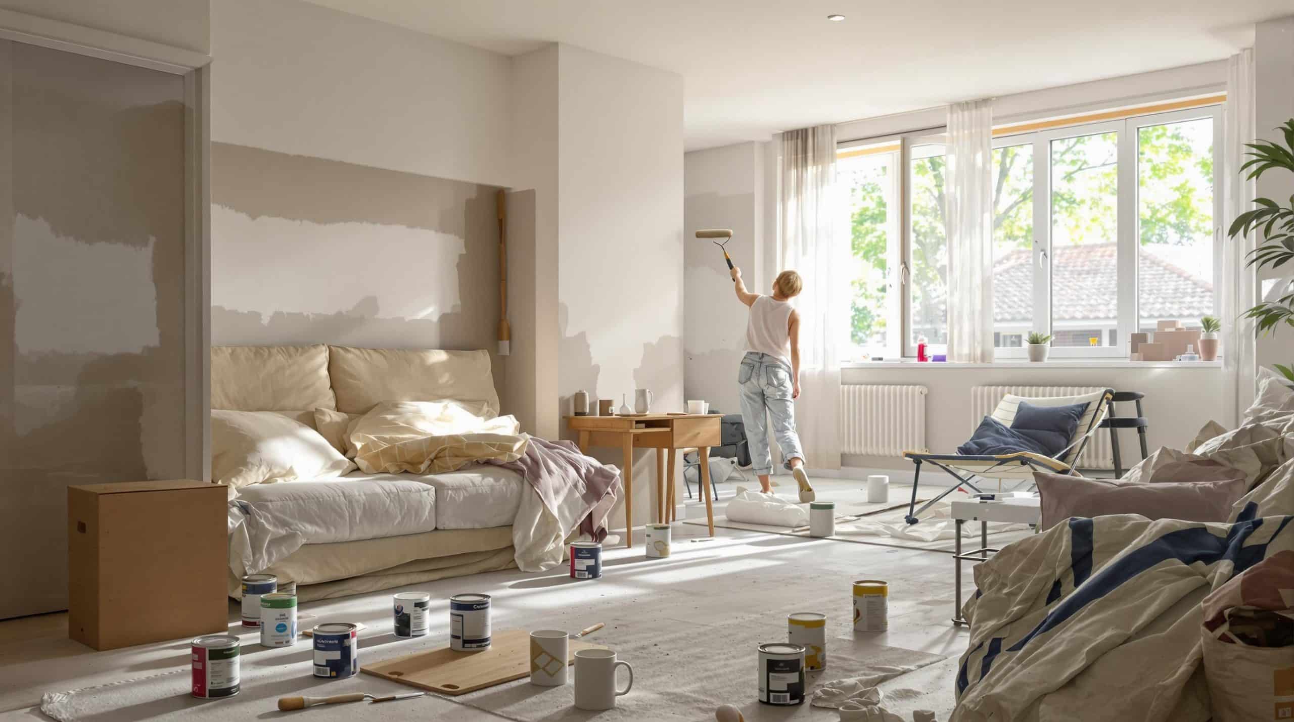 Woman painting a room with roller.